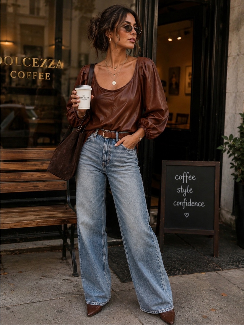 New York & Company Brown Puff-Sleeve Vegan Leather Top size L